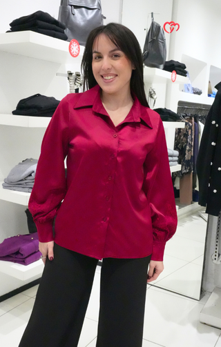 camicia raso con inserti in pizzo rossa