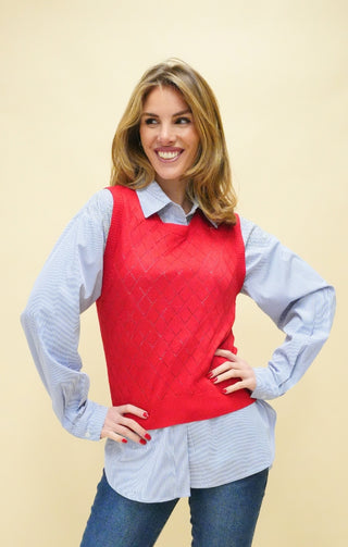 Gilet in maglia con motivo rombi rossa