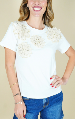 T-shirt con fiori frontali bianco
