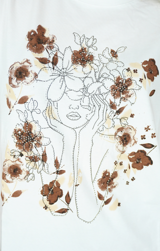 T-shirt con stampa floreale stilizzata dettagli marrone