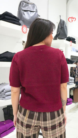 Maglia lana mezza manica con paillettes bordeaux
