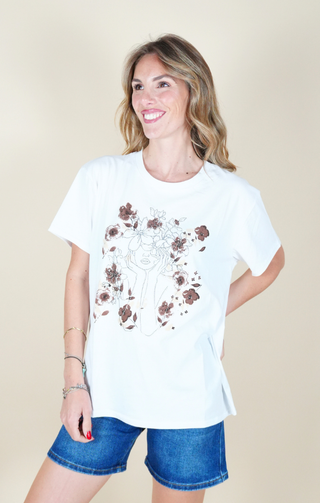 T-shirt con stampa floreale stilizzata dettagli marrone