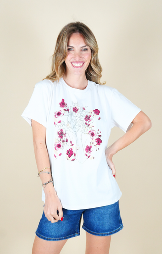 T-shirt con stampa floreale stilizzata dettagli bordeaux