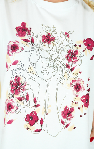 T-shirt con stampa floreale stilizzata dettagli bordeaux
