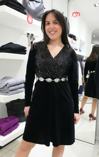 abito velluto e paillettes a maniche lunghe nero