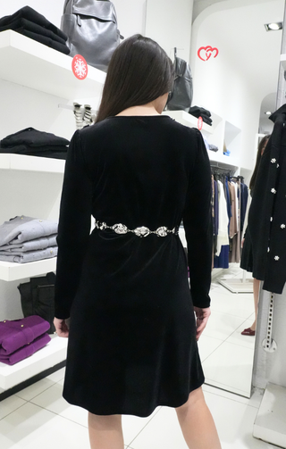 abito velluto e paillettes a maniche lunghe nero