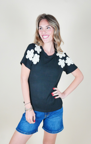 T-shirt fiori laterali nero