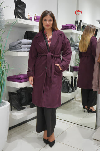 Cappotto lungo in panno con cintura bordeaux
