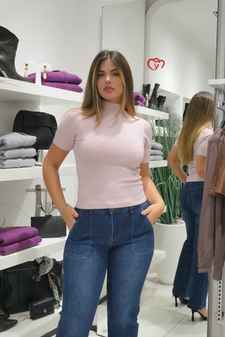 Maglia mezza manica lupetto lurex rosa