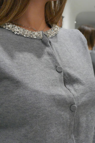 Cardigan maglina con collo con strass grigio