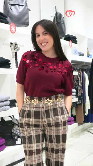 Maglia lana mezza manica con paillettes bordeaux